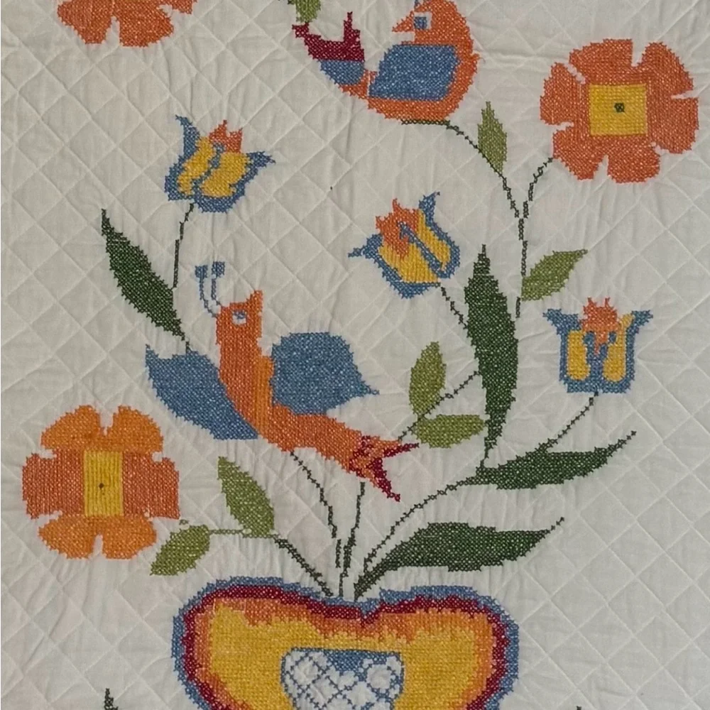 Vintage Lovebirds Needlepoint Quilt Folk Art Heart‎ Floral Bedspread Queen XL